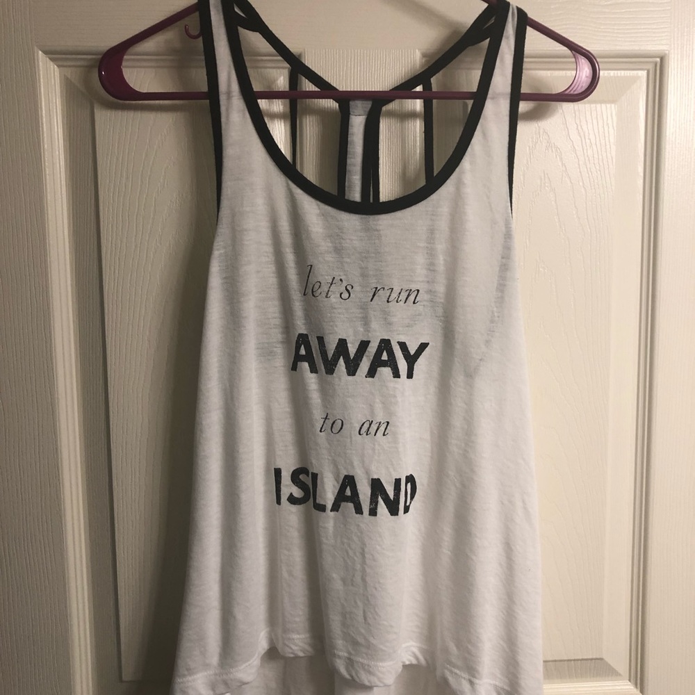 “let’s run away to an island” tank top